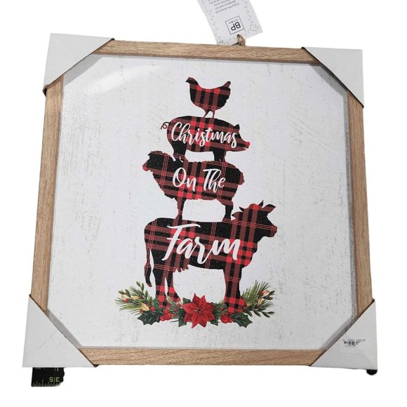 Christmas Wall Decor Picture Plaid Cow Chicken Pig Goat NIP Approx 15"x15" - Picture 1 of 3